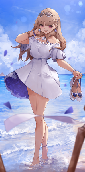 Anime picture 1000x2011 with original majocc (dusty051) single long hair tall image looking at viewer fringe open mouth smile brown hair standing purple eyes holding sky cloud (clouds) full body outdoors braid (braids) :d barefoot