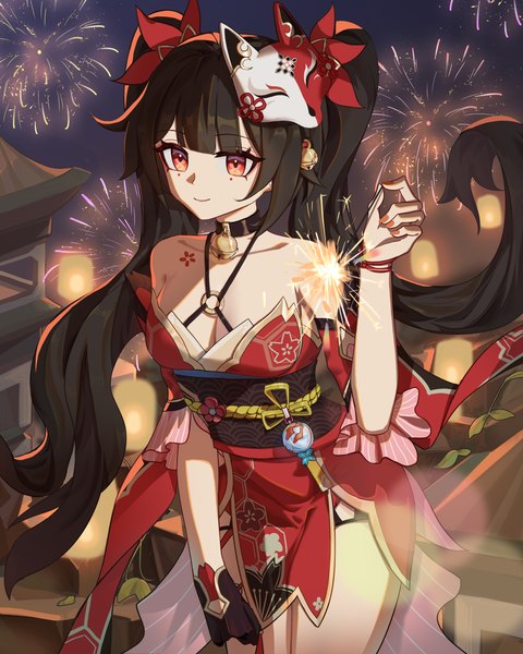 Anime picture 3508x4385 with honkai: star rail honkai (series) sparkle (honkai: star rail) xingxing yu bei single long hair tall image fringe highres breasts light erotic black hair smile red eyes twintails bare shoulders looking away absurdres cleavage blunt bangs