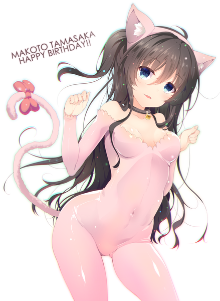 Anime picture 1493x2041 with tokyo 7th sisters tamasaka makoto akahito single long hair tall image blush fringe blue eyes light erotic black hair simple background smile hair between eyes standing white background bare shoulders animal ears tail parted lips