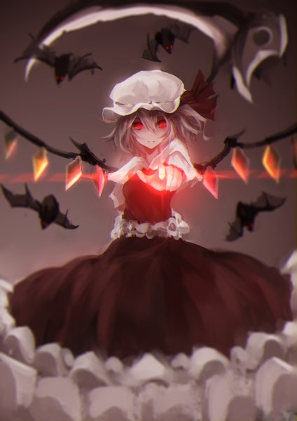 Anime picture 2480x3508 with touhou flandre scarlet rotain single long hair tall image looking at viewer fringe highres hair between eyes red eyes standing grey hair grey background outstretched arm glowing glowing eye (eyes) pointing pointing at viewer girl