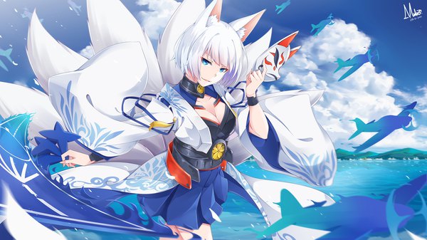 Anime picture 2230x1254 with azur lane kaga (azur lane) masabodo single looking at viewer fringe highres short hair breasts open mouth blue eyes smile wide image holding signed animal ears sky cleavage cloud (clouds) outdoors