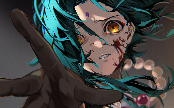 Anime-Bild 1368x851 mit genshin impact xiao (genshin impact) mimonome single looking at viewer short hair simple background wide image yellow eyes upper body parted lips aqua hair outstretched hand blood on face forehead mark boy gloves black gloves blood beads