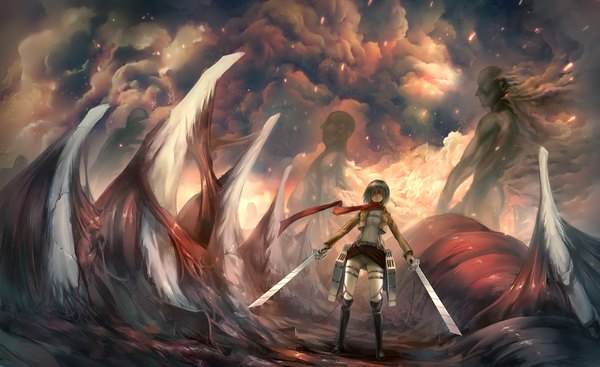Anime picture 3508x2151 with shingeki no kyojin production i.g mikasa ackerman titan (shingeki no kyojin) madcocoon looking at viewer fringe highres short hair black hair brown hair wide image holding brown eyes absurdres cloud (clouds) hair over one eye open clothes open jacket smoke