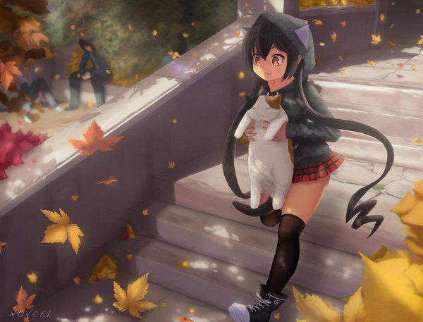 Anime picture 1600x1221 with original lilith parker (novcel) novcel long hair fringe black hair smile twintails brown eyes signed outdoors long sleeves sunlight fang (fangs) solo focus walking :3 autumn animal hood girl