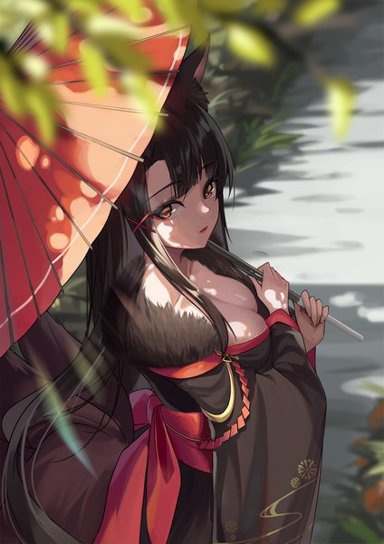 Anime picture 1500x2122 with azur lane akagi (azur lane) loading (vkjim0610) single long hair tall image looking at viewer fringe breasts open mouth light erotic black hair large breasts holding brown eyes animal ears payot cleavage upper body outdoors