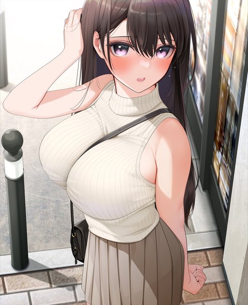Anime picture 1014x1248 with original giba (out-low) single long hair tall image looking at viewer blush fringe breasts open mouth light erotic hair between eyes brown hair large breasts standing bare shoulders outdoors pink eyes from above hand on head