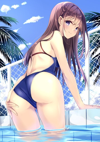 Anime picture 1110x1570 with original kobayashi chisato single long hair tall image looking at viewer blush fringe light erotic smile hair between eyes brown hair purple eyes sky cloud (clouds) ass outdoors looking back from behind arm support