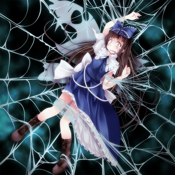 Anime picture 1200x1200 with touhou star sapphire s-syogo single long hair blush open mouth black hair yellow eyes tears girl dress bow hair bow wings boots spider web