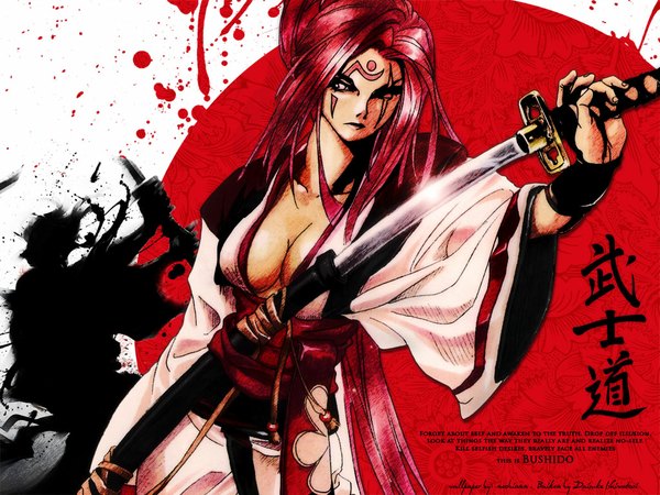 Anime picture 1024x768 with guilty gear baiken single long hair breasts light erotic red eyes red hair traditional clothes japanese clothes scar girl weapon sword kimono
