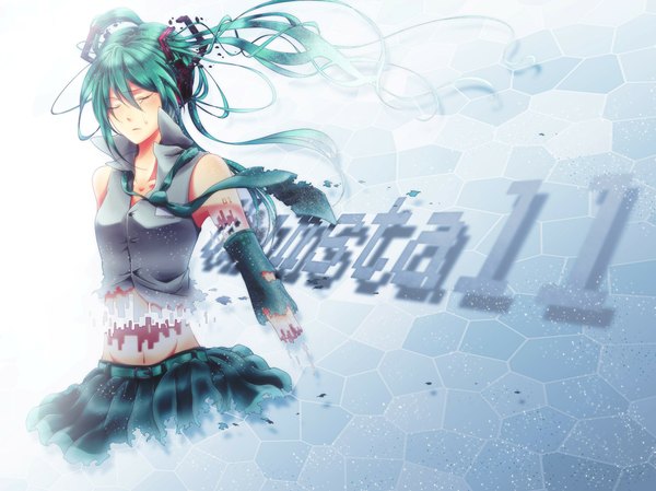Anime picture 2269x1700 with vocaloid hatsune miku single long hair highres twintails eyes closed green hair destruction girl skirt navel detached sleeves miniskirt