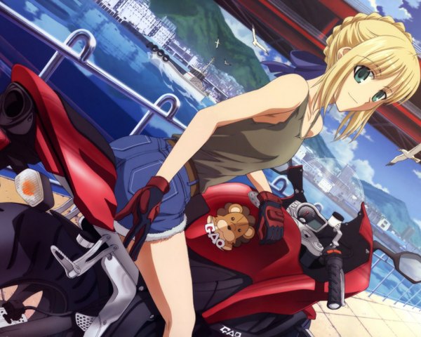 Anime picture 1280x1024 with fate (series) fate/stay night studio deen type-moon artoria pendragon (all) saber saber alter short hair blue eyes blonde hair smile green eyes looking back girl gloves shorts short shorts tank top motorcycle