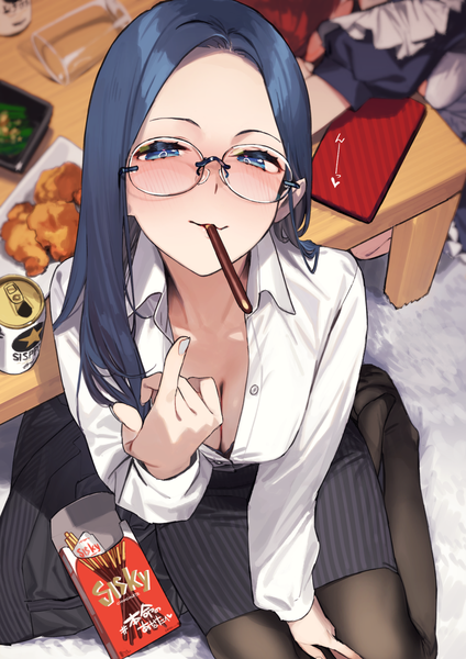 Anime picture 1061x1500 with original kinshi no ane dateko 92m long hair tall image looking at viewer blush short hair breasts blue eyes light erotic smile sitting multiple girls holding blue hair cleavage red hair indoors