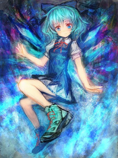 Anime picture 1000x1333 with touhou cirno lm7 (op-center) single tall image looking at viewer blush fringe short hair breasts blue eyes smile blue hair bent knee (knees) girl dress bow hair bow wings shoes