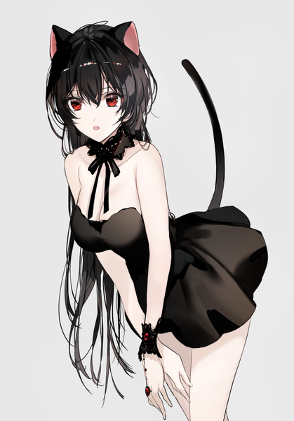 Anime picture 628x900 with original naru (ul) single long hair tall image looking at viewer fringe breasts open mouth light erotic black hair simple background hair between eyes red eyes large breasts standing white background bare shoulders animal ears cleavage