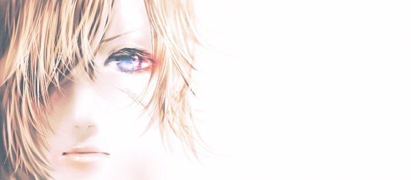 Anime picture 1366x599 with original dlei single looking at viewer fringe short hair simple background blonde hair wide image white background hair over one eye inscription face multicolored eyes face paint girl