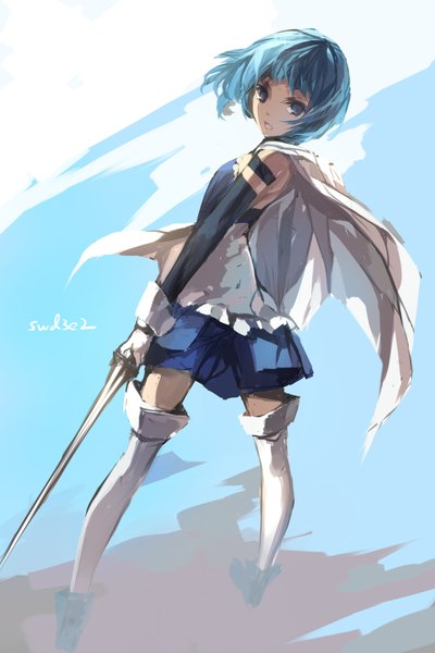 Anime picture 1417x2125 with mahou shoujo madoka magica shaft (studio) miki sayaka swd3e2 single tall image looking at viewer short hair blue eyes signed blue hair looking back turning head magical girl girl skirt gloves weapon detached sleeves miniskirt