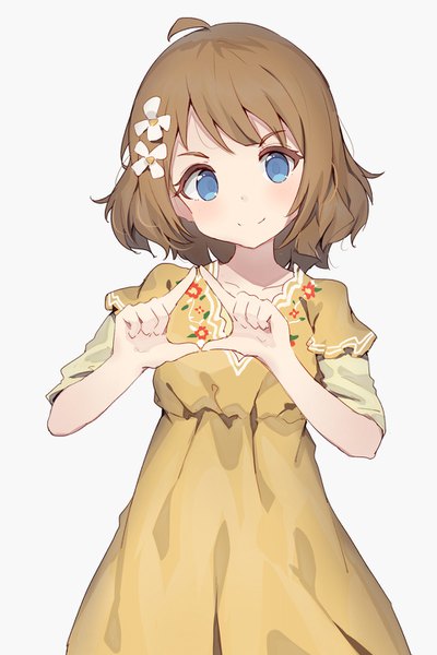 Anime picture 960x1440 with idolmaster idolmaster million live! suou momoko shone single tall image looking at viewer blush short hair blue eyes simple background smile brown hair white background ahoge head tilt hair flower girl dress flower (flowers)