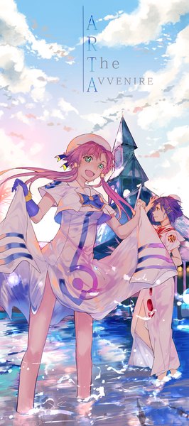 Anime picture 667x1500 with aria mizunashi akari aika s granzchesta azarea tall image short hair open mouth red eyes multiple girls payot pink hair sky purple hair cloud (clouds) :d profile aqua eyes partially submerged text english