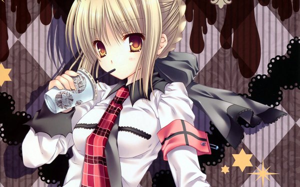 Anime picture 1440x900 with fate (series) fate/stay night studio deen type-moon artoria pendragon (all) saber tatekawa mako single looking at viewer blonde hair wide image yellow eyes braid (braids) single braid rhombus drinking girl bow hair bow necktie