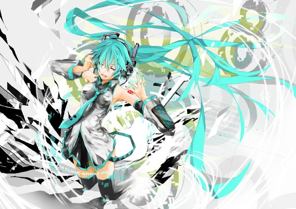 Anime picture 1600x1132 with vocaloid hatsune miku saihate (d3) single long hair twintails eyes closed aqua hair kneeling girl detached sleeves necktie headphones
