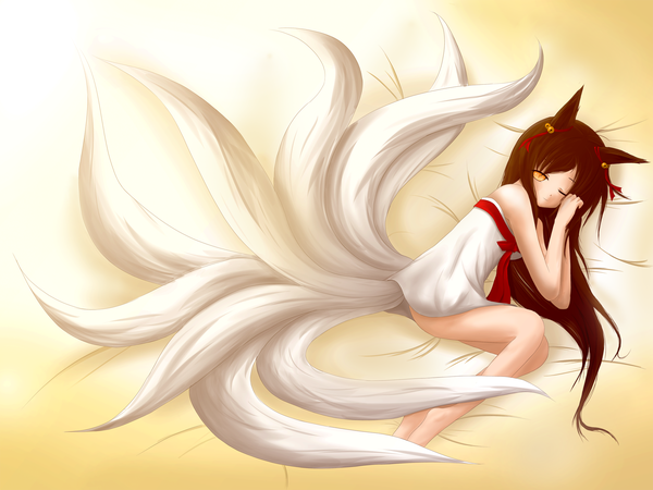 Anime picture 2000x1500 with league of legends ahri (league of legends) dakaringer single long hair looking at viewer highres black hair animal ears yellow eyes one eye closed wink multiple tails girl