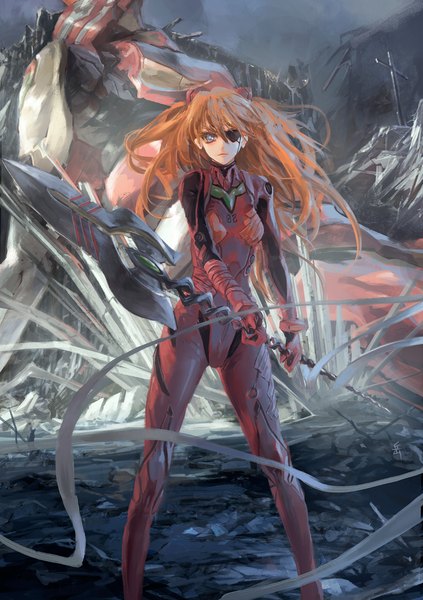 Anime picture 800x1135 with neon genesis evangelion rebuild of evangelion evangelion: 3.0 you can (not) redo gainax soryu asuka langley eva 02 archlich single long hair tall image looking at viewer blue eyes standing orange hair girl ribbon (ribbons) weapon eyepatch pilot suit