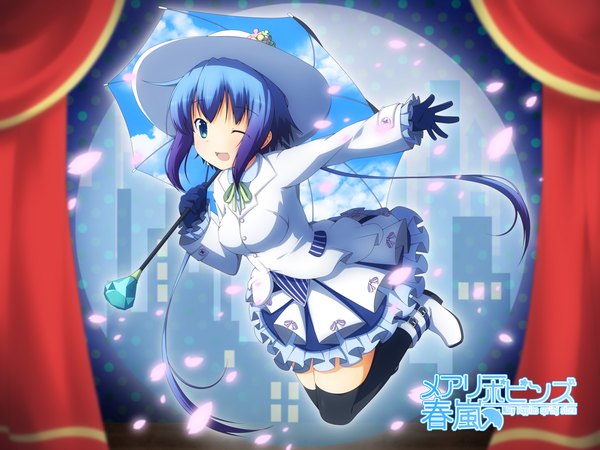 Anime picture 1600x1200 with vocaloid aoki lapis yuzuki kei single long hair looking at viewer open mouth blue eyes smile payot blue hair one eye closed wink jumping sky print girl thighhighs gloves black thighhighs hat