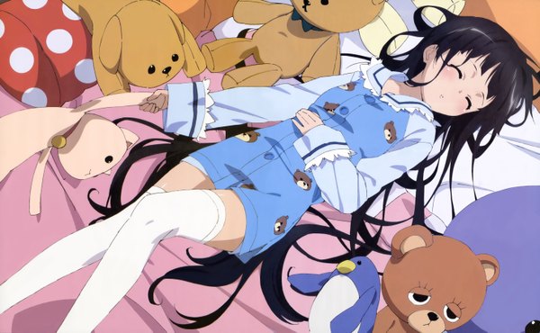 Anime picture 5794x3579 with kamisama no memochou shionji yuuko (alice) single long hair blush highres black hair wide image absurdres lying eyes closed loli sleeping girl thighhighs white thighhighs toy stuffed animal teddy bear