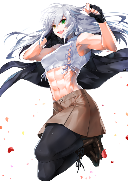 Anime-Bild 900x1275 mit original dodome ichika waka (shark waka) single long hair tall image fringe breasts open mouth light erotic simple background smile hair between eyes white background bare shoulders green eyes yellow eyes payot looking away silver hair