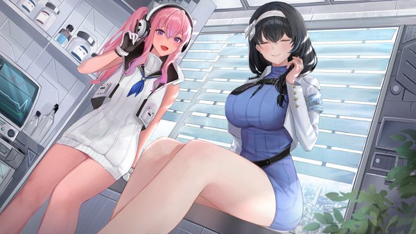 Anime picture 5760x3240 with goddess of victory: nikke mary (nikke) pepper (nikke) po ppe long hair looking at viewer blush fringe highres breasts open mouth black hair smile hair between eyes wide image large breasts standing sitting multiple girls pink hair