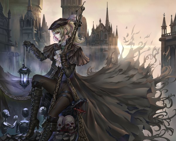 Anime picture 5000x4017 with bloodborne from software lady maria of the astral clocktower aaeru single long hair looking at viewer fringe highres blonde hair smile sitting absurdres ponytail profile pink eyes sunlight open clothes high heels lipstick