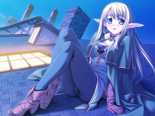 Anime picture 1200x900 with maou to odore! 2 long hair blue eyes blonde hair game cg cleavage night roof