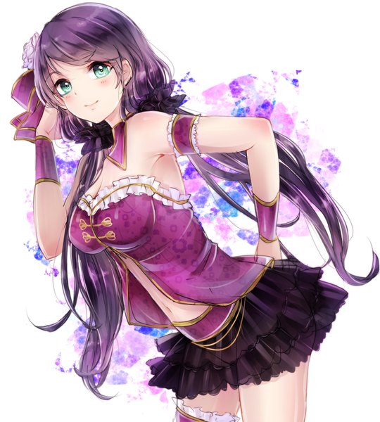 Anime picture 1363x1515 with love live! school idol project sunrise (studio) love live! toujou nozomi aishan (aaaishan) single long hair tall image looking at viewer blush fringe breasts light erotic smile large breasts standing white background twintails green eyes cleavage