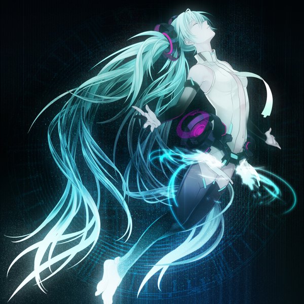 Anime picture 1500x1500 with vocaloid vocaloid append hatsune miku hatsune miku (append) osamu (jagabata) single twintails full body eyes closed very long hair profile aqua hair black background spread arms midair girl detached sleeves