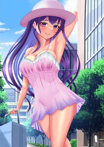 Anime picture 3508x4961 with genshin impact raiden shogun ronikx art single long hair tall image blush fringe highres breasts light erotic smile hair between eyes large breasts purple eyes bare shoulders looking away absurdres sky cloud (clouds)