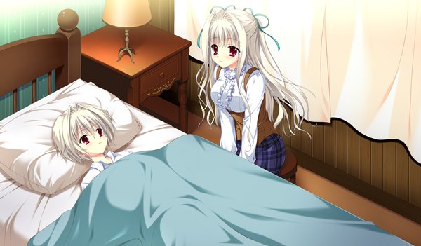 Anime picture 1024x600 with da capo iii yoshino charles tanihara natsuki long hair blush short hair red eyes wide image game cg white hair girl dress boy ribbon (ribbons) hair ribbon pillow bed