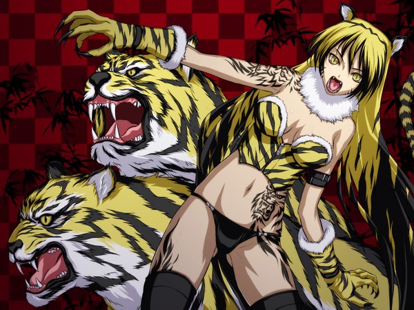 Anime picture 1280x960 with original iga tomoteru long hair open mouth blonde hair animal ears yellow eyes tail teeth fang (fangs) tattoo checkered background girl gloves navel animal tiger