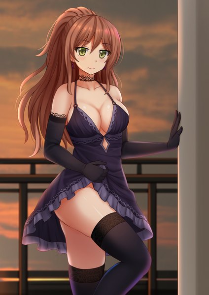 Anime picture 1200x1697 with bang dream! imai lisa kazenokaze single long hair tall image looking at viewer blush fringe breasts light erotic smile hair between eyes brown hair bare shoulders green eyes payot sky cleavage cloud (clouds)