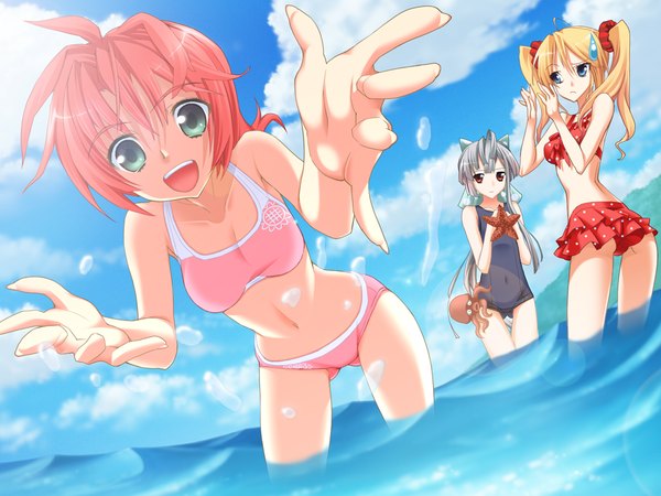 Anime picture 1024x768 with precious summer vacation! (game) long hair short hair blue eyes light erotic blonde hair red eyes twintails multiple girls green eyes game cg sky silver hair cloud (clouds) red hair girl swimsuit bikini water 3 girls