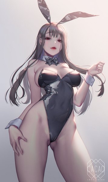 Anime picture 1500x2522 with original love cacao single long hair tall image looking at viewer blush fringe breasts light erotic black hair simple background red eyes large breasts standing bare shoulders signed animal ears fingernails lips