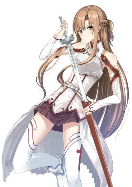 Anime picture 1838x2600 with sword art online a-1 pictures yuuki asuna couzone single long hair tall image looking at viewer blush fringe highres simple background brown hair white background bare shoulders brown eyes bent knee (knees) pleated skirt girl thighhighs