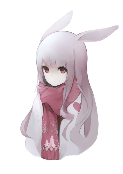 Anime picture 1169x1654 with original gyup91 single long hair tall image looking at viewer fringe simple background white background brown eyes animal ears upper body blunt bangs grey hair bunny ears bunny girl expressionless snowflake print girl plant (plants)