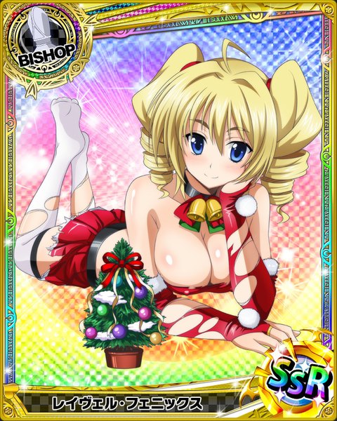 Anime picture 640x800 with highschool dxd ravel phenex single long hair tall image looking at viewer blush breasts blue eyes light erotic blonde hair twintails cleavage torn clothes drill hair christmas card (medium) girl thighhighs detached sleeves