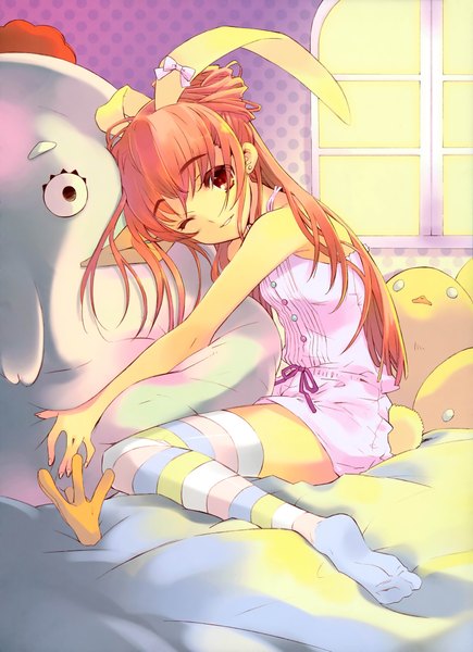 Anime picture 3076x4241 with itou noiji single long hair tall image highres open mouth red eyes bare shoulders absurdres one eye closed wink orange hair bunny ears hug girl thighhighs toy stuffed animal striped thighhighs