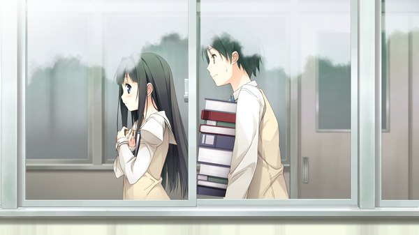 Anime picture 1920x1080 with your diary nagamine tomoki ayase sayuki kantoku long hair highres short hair black hair wide image purple eyes game cg girl boy serafuku book (books)