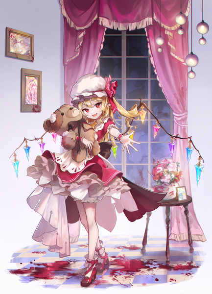 Anime picture 1747x2423 with touhou flandre scarlet kyusoukyu single long hair tall image looking at viewer highres open mouth blonde hair red eyes standing full body head tilt :d bare legs one side up outstretched hand checkered floor floor
