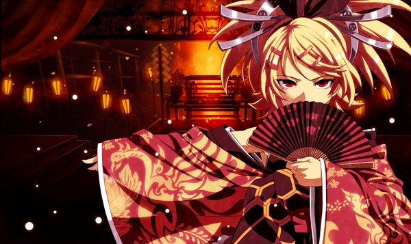 Anime picture 1800x1072 with vocaloid kagamine rin tasaka shinnosuke single looking at viewer highres short hair blonde hair red eyes wide image traditional clothes japanese clothes girl hair ornament kimono fan fire