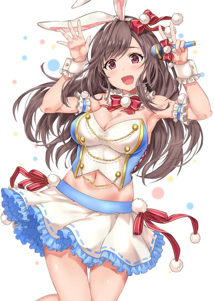 Anime picture 1308x1842 with idolmaster idolmaster shiny colors tsukioka kogane sirurabbit single long hair tall image looking at viewer blush fringe breasts open mouth simple background smile hair between eyes red eyes brown hair large breasts standing white background