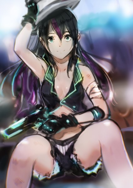 Anime picture 2480x3508 with original okuto single long hair tall image looking at viewer fringe highres breasts light erotic black hair hair between eyes sitting bare shoulders holding green eyes payot bent knee (knees) multicolored hair arm up
