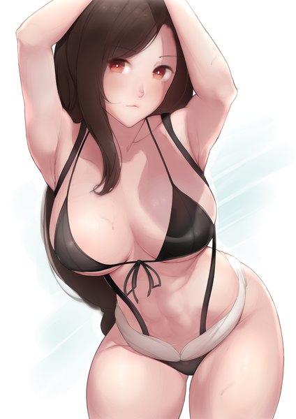 Anime picture 2894x4093 with final fantasy final fantasy vii square enix tifa lockhart kimoshi single long hair tall image looking at viewer highres breasts light erotic simple background red eyes brown hair large breasts standing white background bare shoulders payot